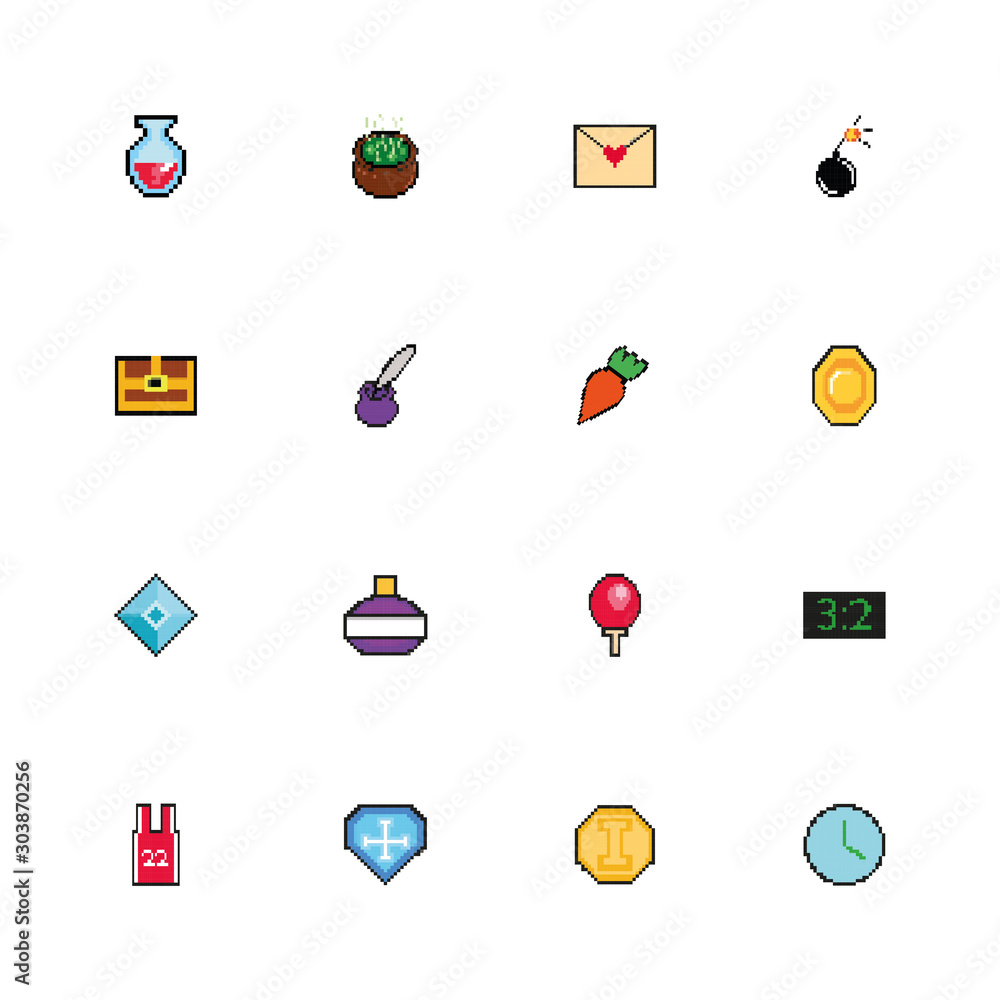 Poster bundle of 8 bits pixelated style icons