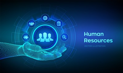 Human Resources. HR symbol in robotic hand. HR management, recruitment, employment, headhunting business concept. Human social network and leadership. Vector illustration.