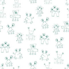 Vector monsters seamless pattern. Hand drawn vector illustration. Print for veterinary brand design and children products. Textile rapport in green and white colors.