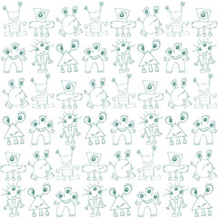 Fototapeta na wymiar Vector monsters seamless pattern. Hand drawn vector illustration. Print for veterinary brand design and children products. Textile rapport in green and white colors.