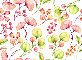 Watercolor seamless pattern with colourful leaves. Hand drawn floral illustration with pink berries for wedding design, surface, textile, wallpaper