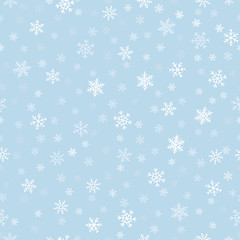 Naklejka na ściany i meble Snowflakes seamless pattern. Subtle vector background with small hand drawn white snowflakes on blue backdrop. Winter holidays theme, Christmas and New Year texture. Elegant repeat decorative design