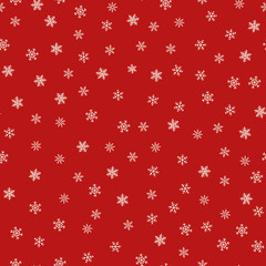 Snowflakes seamless pattern. Vector texture with small hand drawn white snowflakes on red background. Winter holidays theme, Christmas and New Year texture. Simple repeat design for decor, print, web
