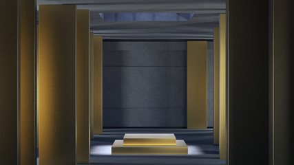 3D rendering minimalist hall with sun lighting and long shadows. Abstract stage on center. Walls consisting of gold cubes.