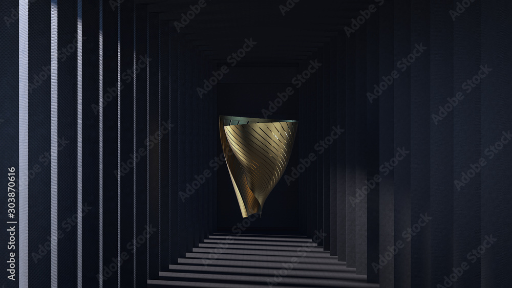 Poster 3d rendering minimalist black hall with sun lighting and long shadows. abstract statue in center. wa