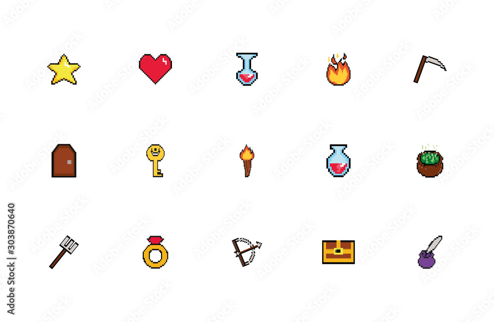 Poster bundle of 8 bits pixelated style icons