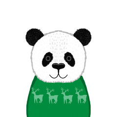 Panda in sweater with reindeers. Funny winter panda. Bear. Christmas illustration for cards, posters. Kids illustration.