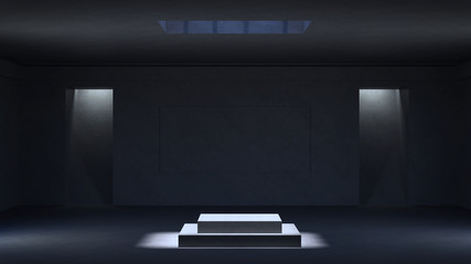 3D rendering minimalist room, low key lighting and stage in center.