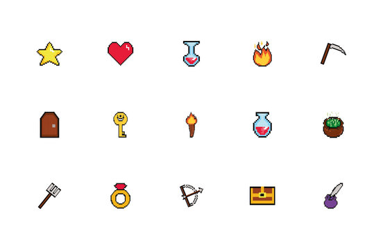 Bundle Of 8 Bits Pixelated Style Icons