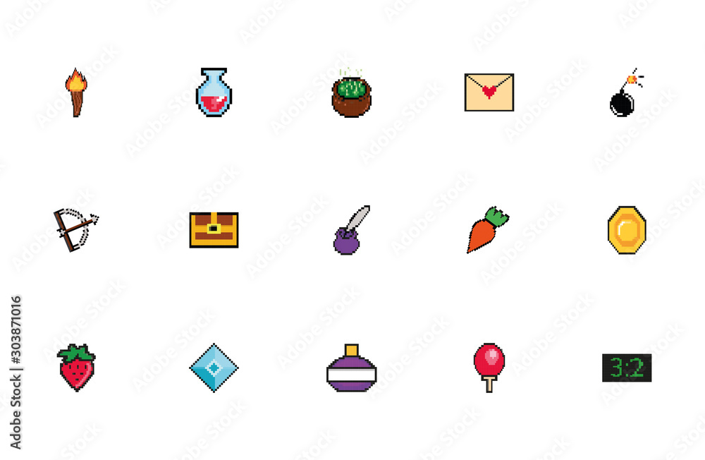 Poster bundle of 8 bits pixelated style icons
