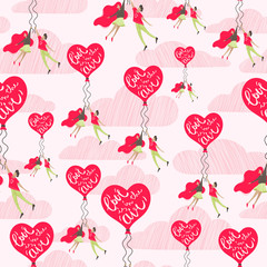 Valentines Day seamless pattern. Man and woman  are int the sky with heart balloon.