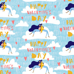 Valentines Day seamless pattern with man and Woman on the Cloud in the sky and lettering happy valentines day.