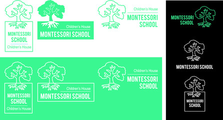 Logo Montessori School Childrens House. Branding, Corporate identity for brands. Tree vector linear design in green white colors