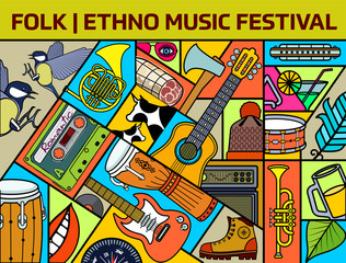 Music festival banner. Music instruments. Colorful music background. Vector illustration