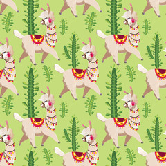 Illustration with alpaca and cactus plants. Vector seamless pattern on green background. Llama.