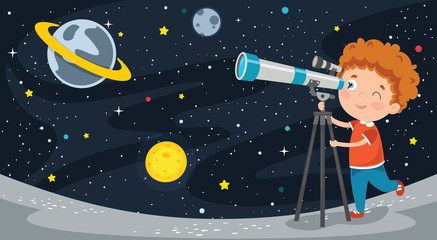 Naklejka premium Kid Using Telescope For Astronomical Research