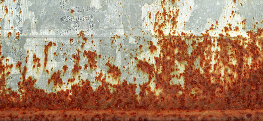 Rusted white painted metal wall. Rusty metal background with streaks of rust. 