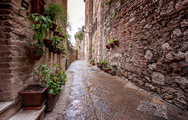 Fototapeta na wymiar Volterra medieval town Picturesque houses Alley in Tuscany Italy