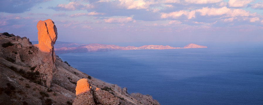 Karadag mountain and Black Sea at sunset. Crimea