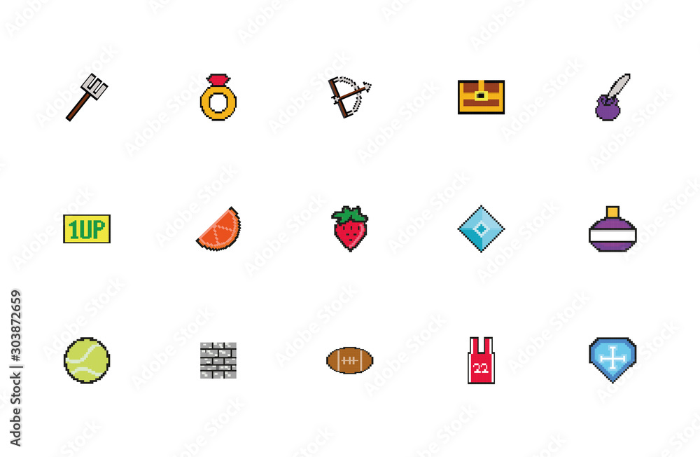 Poster bundle of 8 bits pixelated style icons