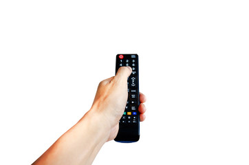 Hand holding television and audio multimedia remote control isolate on white background with clipping path.