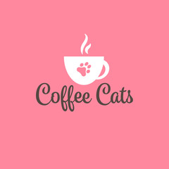Modern logo design for cafe Coffee Cats with cup coffee and paw print of cat.