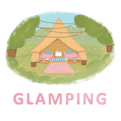 Illustration of tents on the day. Concept of glamping, camping, outdoor.  Luxury camping or festival.
