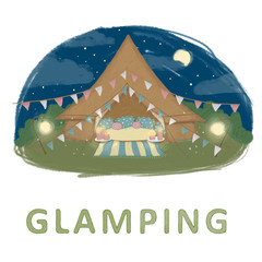 Illustration of tents at night. Concept of glamping, camping, outdoor.  Luxury camping or festival.
