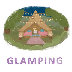 Illustration of tents at night. Concept of glamping, camping, outdoor.  Luxury camping or festival.-pr