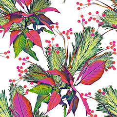 Seamless pattern of christmas bouquet, with berries.