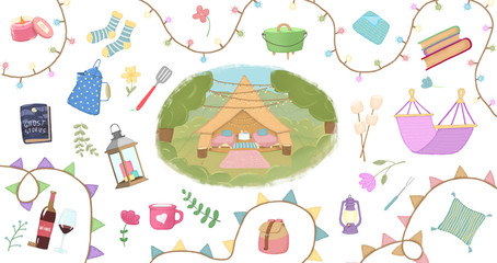 Illustration of tents on the day and camping elements. Concept of glamping, camping, outdoor.  Luxury camping or festival.