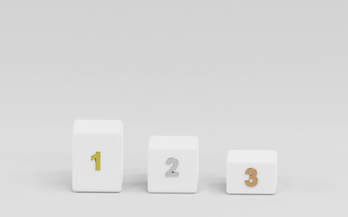 white abstract metal winner podium competition pedestal with numbers in gold, silver, bronze colour for different medals 3d illustration render