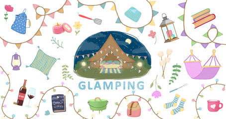 Illustration of tent at night and camping elements. Concept of glamping, camping, outdoor.  Luxury camping or festival.