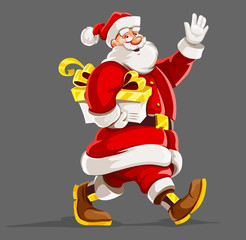 Christmas holiday. Santa Claus with christmas gift walking and waving hand. Isolated on gray background. Vector illustration.