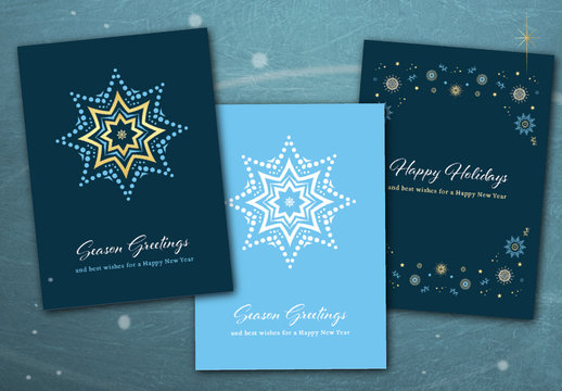 Blue Christmas Card Layout Set with Snowflake Illustrations