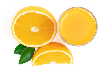 Glass of fresh orange juice with fruits sliced and green leaf isolated on white background, top...