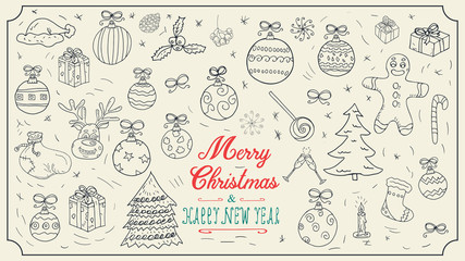 large set Christmas new year contour sketches icons for design decoration holiday illustration style childrens Doodle toys gifts balls snowflakes background isolated