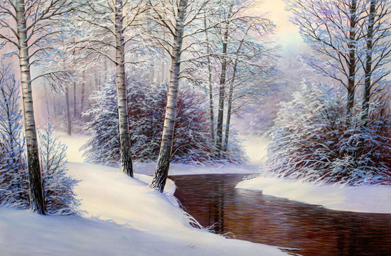 Winter landscape with the river. Original oil painting.