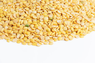 Peeled Split Soybean or Soya Bean without husk isolated on white background. Concept food and drink for healthy.