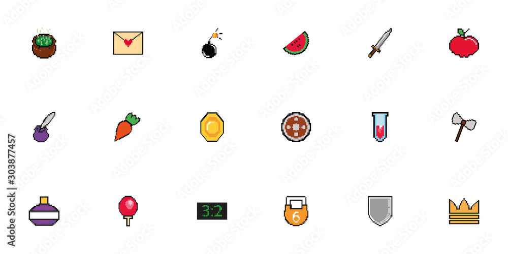 Poster bundle of 8 bits pixelated style icons