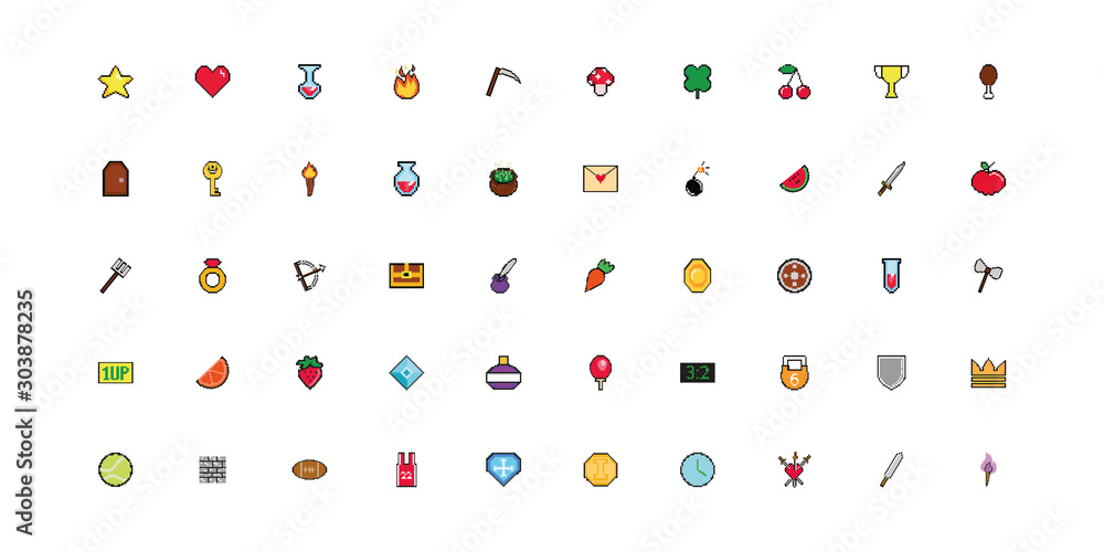 Poster bundle of 8 bits pixelated style icons