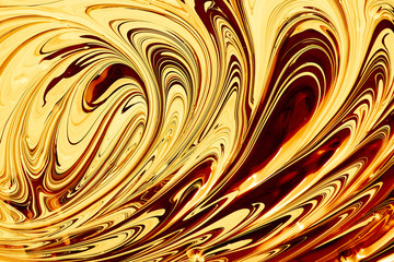 Abstract liquid gold background. Vibrant swirl pattern, stains of caramel paint