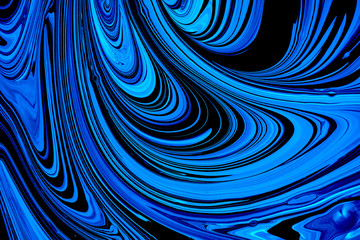Fototapeta na wymiar Abstract liquid black and blue colors outer space orbit background. Exoplanet cosmic sea pattern, paint stains