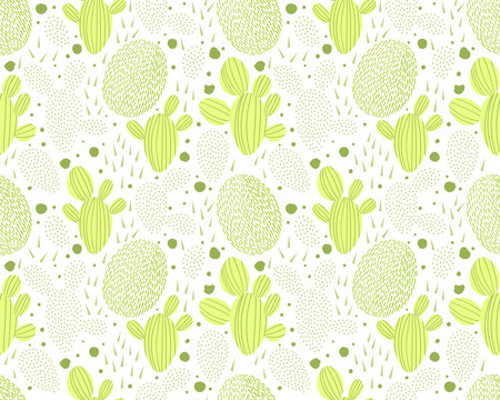 Vector seamless pattern with cactus on white background. Summer plants, flowers and leaves. Natural floral bright design. Botanical illustration.