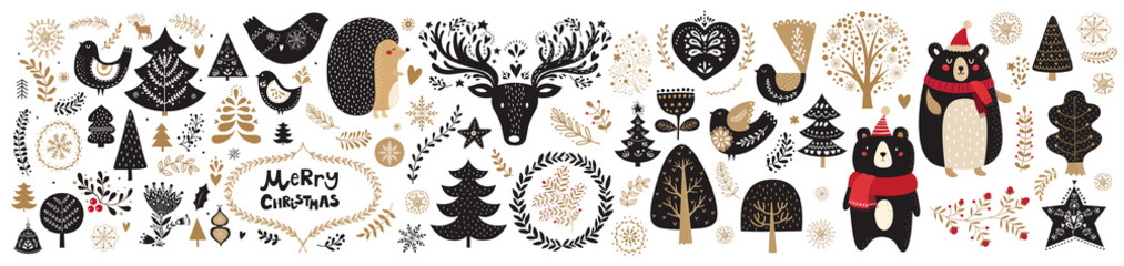 Vector Christmas illustration with  floral ornament and cute animals
