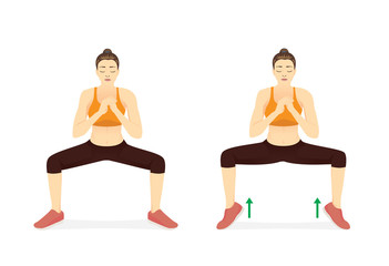 Woman doing Sumo Squat With Calf Raises in 2 step. Illustration about workout diagram of fat leg reduction.