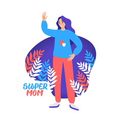 Happy mother's day lettering. Young mom with decorative leaves..Flat graphic illustration for greeting cards, covers, posters..Hand drawn vector calligraphy.