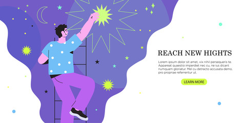 Vector illustration of businessman or man getting or reaching star from the night sky in a flat geometric and outline style. The concept of business growth, success, dream, new hights, achieving goal.