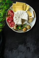 camembert or brie, cheese plate appetizer, snack ( snack, cheese with mold and sausage) menu concept. food background. top view. copy space