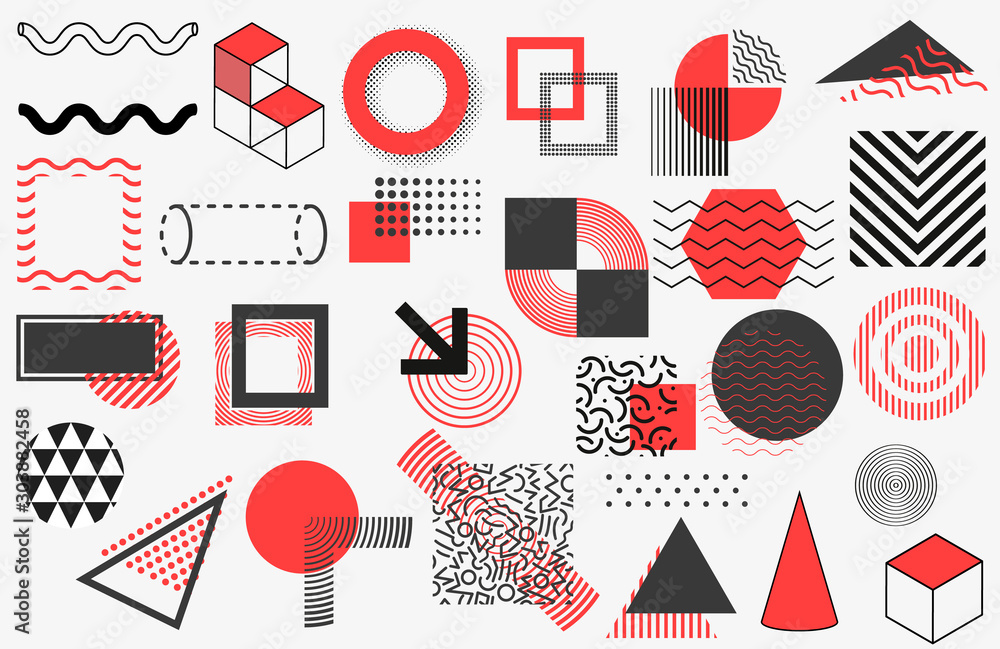Poster abstract red and black geometric shape of modern elements cover design. collection of classic memphi